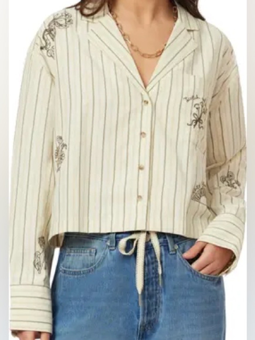 Scotch & Soda Women’s Striped Hand Embroidered Desert Motif Blouse Cropped Sz L - Picture 3 of 12